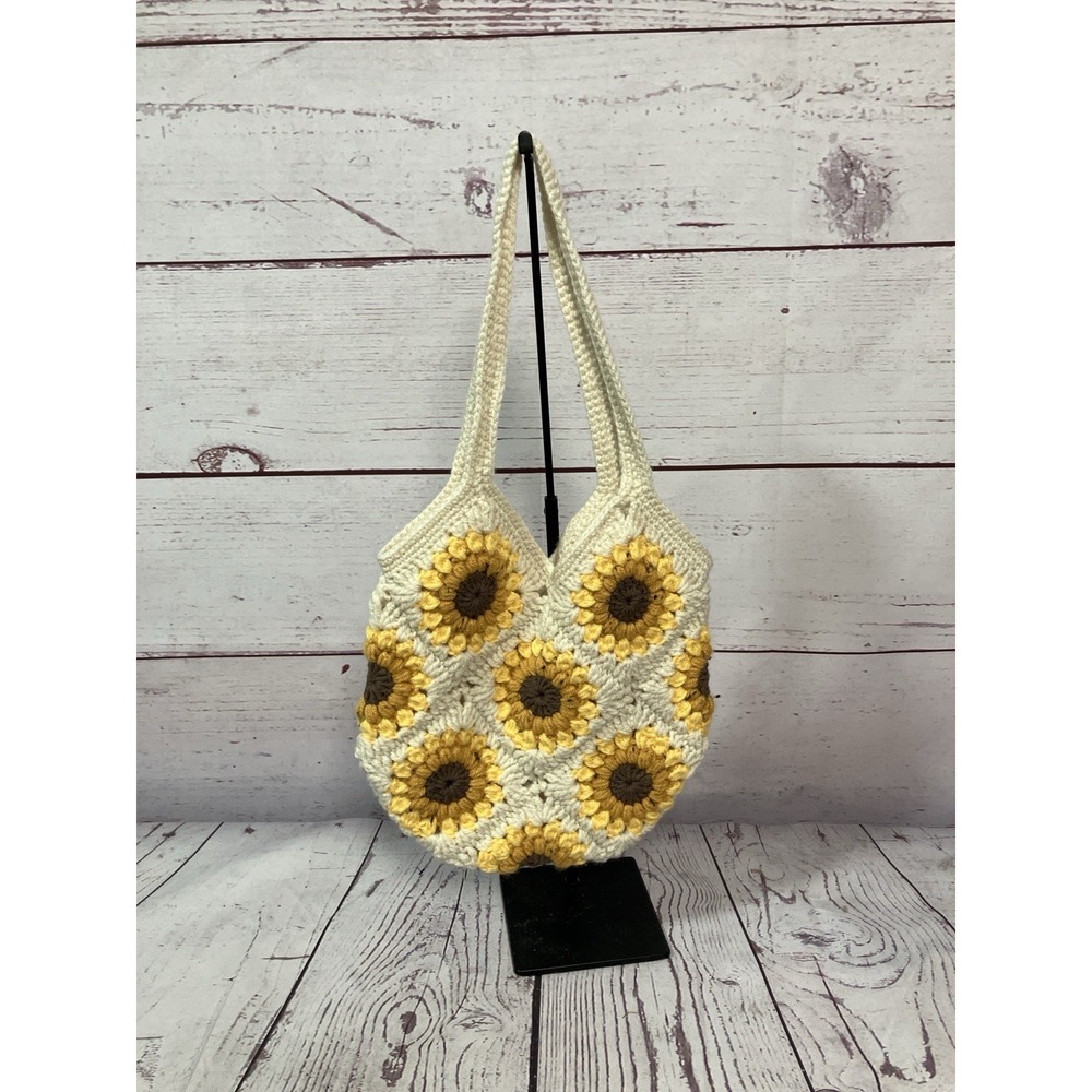Handmade Crochet Sunflower Tote Bag Boho Cottagecore‎ Cream Yellow Purse